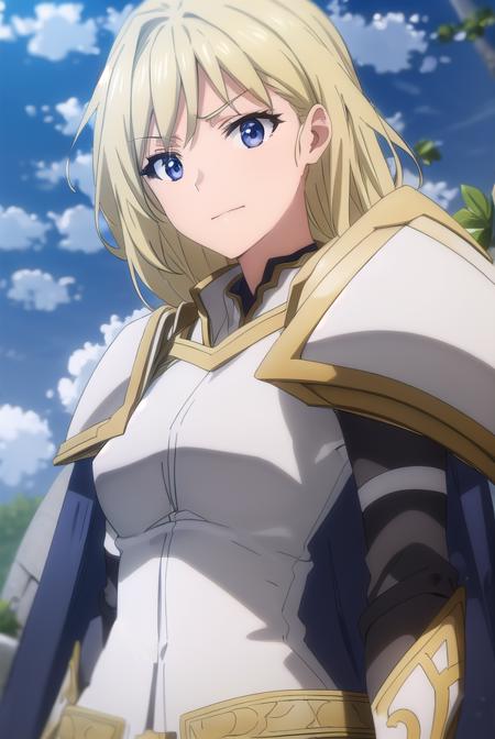 femaleknight, <lora:femaleknight-lora-nochekaiser:1>, 
female knight, long hair, blue eyes, blonde hair,
BREAK weapon, sword, cape, armor, shoulder armor, gauntlets, pauldrons, breastplate, knight,
BREAK outdoors, forest, grass, nature, sky, cloud, sun,
BREAK looking at viewer, (cowboy shot:1.5),
BREAK <lyco:GoodHands-beta2:1>, (masterpiece:1.2), best quality, high resolution, unity 8k wallpaper, (illustration:0.8), (beautiful detailed eyes:1.6), extremely detailed face, perfect lighting, extremely detailed CG, (perfect hands, perfect anatomy),