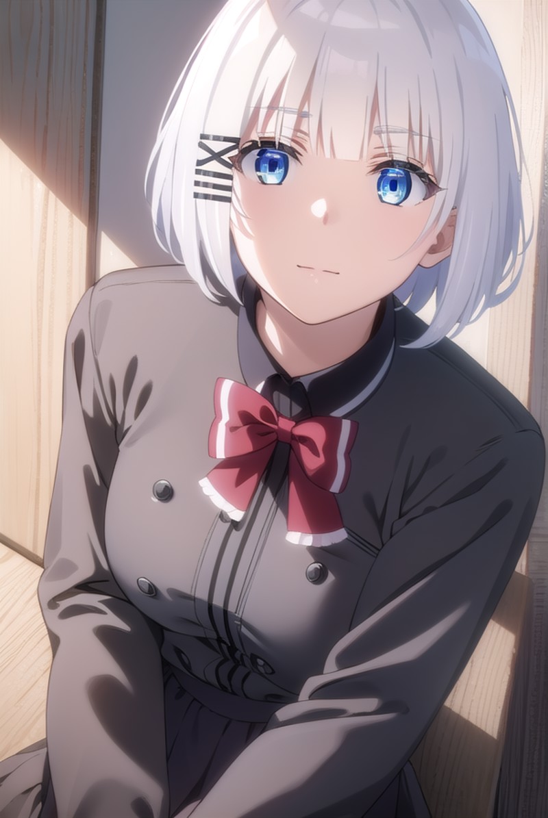 siesta, <lora:siesta s1-lora-nochekaiser:1>,
siesta, short hair, bangs, blue eyes, hair ornament, white hair, hairclip, sm...