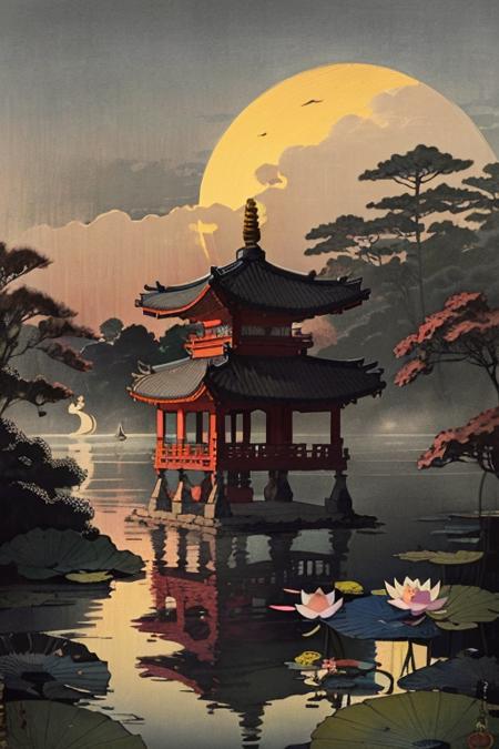 

Chinese martial arts style, large area sky, ink style, outline light, atmospheric atmosphere, depth of field, mist rising, lake water, lotus flowers and leaves, small boats, pine trees, octagonal stone pavilions, arch bridges, night view,(No color)<lora:jcjp:0.6>