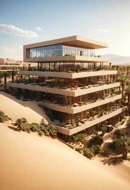 (Shopping malls, department stores, hotels and commercial offices in a desert oasis, half buried in the sand:1.3),  (avant-garde, future, reality, science fiction, photorealistic), (modern architecture:1.2), (Kan Kankavee:1.2), (David Alan Chipperfield CH:1.3), (Large Files, Ultra Realistic, 8K, 16k, FHD, HD, VFX, Perfect, Photography, composition, Architecture Sales Photography, Architecture Competition, Ultra High Resolution, Cinematography, High Resolution Image:1.1), (dramatic lighting, direct sunlight, ray tracing, clear shadow:1.1), (magnificent , Abstract Expressionism but extremely beautiful:1.2), [:traffic|windows|railing|stair|balcony|terrace|crowd|Sidewalk|vehicle|trees|equipment| detailed signal_details:0.7], [:marble|granite|lbrick|tile|metal|concrete|glass|foliage_material texture:0.7], (real landscape:1.1), (blurred background:1.0), [buildings|BREAK|trees|BREAK|Crowd|buildings|BREAK|trees|BREAK|Crowd|buildings|BREAK|trees|BREAK|Crowd:0.7], (background, more_details:0.3)
great lighting, void, clear, stacked, vertical