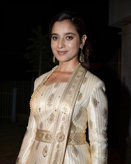 a photo of a 30-year-old woman, ssin, professional portrait photo,high neck Gota Patti Suit (Rajasthani embellished dress), solo, night time, city bokeh lights   <lora:ssin_Simone_Singh_SD15_LoRA_prodigy_local_regs:1>