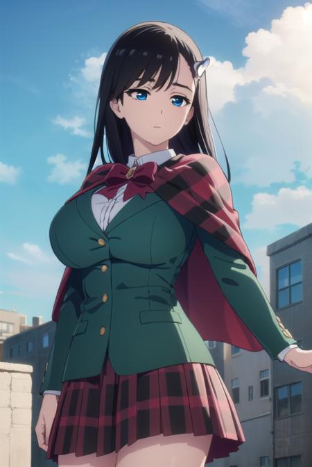 noelniihashi, <lora:noel niihashi anime-lora-nochekaiser:1>,
noel niihashi long hair, blue eyes, black hair, hair ornament, hairclip, (large breast:1.2),
BREAK skirt, shirt, long sleeves, bow, school uniform, jacket, white shirt, pleated skirt, collared shirt, bowtie, red bow, plaid, capelet, blazer, green skirt, green jacket,
BREAK outdoors, city, sun, sky, clouds,
BREAK looking at viewer, (cowboy shot:1.5),
BREAK <lyco:GoodHands-beta2:1>, (masterpiece:1.2), best quality, high resolution, unity 8k wallpaper, (illustration:0.8), (beautiful detailed eyes:1.6), extremely detailed face, perfect lighting, extremely detailed CG, (perfect hands, perfect anatomy),