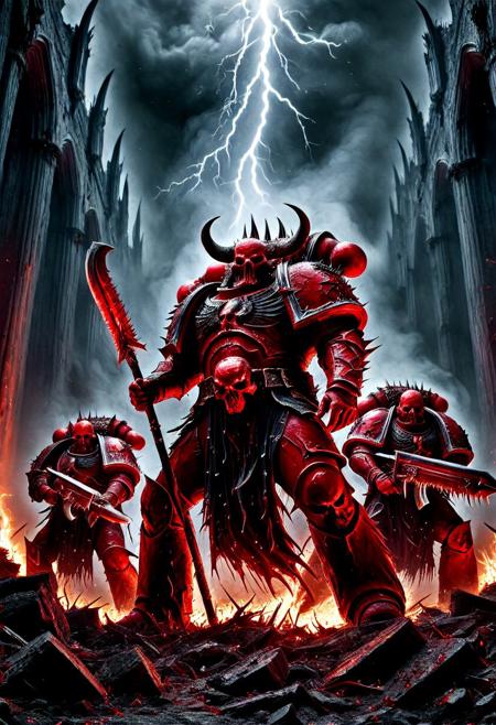 A squad of Chaos Space Marines from the Blood Legion of Khorne, drawn from the World Eaters Traitor Legion, standing together in a brutal battlefield scene. Each marine wears jagged, blood-red power armor forged from bloodsteel, with glowing brass trim and Chaos symbols etched into the plating. Their helmets are horned or skull-faced, some holding chainaxes dripping with gore, others carrying daemon-infused bolters or massive hellblades. Spikes, skull trophies, and runic etchings cover their armor. The warriors are posed in aggressive stances, surrounded by fire, smoke, and the ruins of a shattered cathedral. Lightning flashes in the sky, casting dramatic shadows across their brutalist forms. Behind them, a towering Bloodletter daemon howls in fury. Cinematic group composition, ultra-realistic textures, 8K concept art, grimdark atmosphere, “Blood for the Blood God!”
