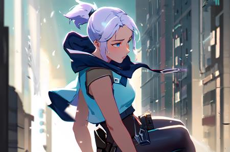 masterpiece, best quality,
highly detailed, 1girl, solo, floating weapon, blue jacket, blue eyes, gloves, sleeveless jacket, fingerless gloves, white hair, floating object, ponytail, weapon, white background, jacket, kunai, black gloves, hood, cropped jacket, looking to the side, sleeveless, knife, breasts, gun , weapon, suppressor, holding gun, butt, pussy
, bokeh, cinematic, 
nixeu, wlop, guweiz, 

<lora:kenshiLoraExtraction_01:0.3>, <lora:jettValorant_v10LongPrompt:1>, <lora:pastelmix-lora:0.2>,