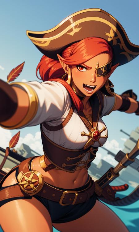 urbosa wearing a pirate  costume, leather bustier, white shirt, pirate hat with feather, action pose, flintlock pistol, eyepatch,  <lora:urbosa-4-merge:0.9> art by Jan Van Eyck