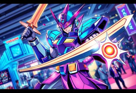 A vibrant and energetic digital illustration, infused with a bold splash ink illustration style and sharp lines, depicting a Yu-Gi-Oh! cosplayer in a powerful, dynamic action pose. The robot-like figure, rendered with super detailed clothes and beautiful detailed eyes, radiates in multi-colored purple and blue, wielding a large, imposing sword with precision in their right hand. Their matching helmet gleams under captivating lighting, set against an attractive background of a convention scene with a distinctive blue and purple building. The overall scene exudes a lively and colorful atmosphere, conveying vivid emotions and a joyful impact. This piece demonstrates contemporary aesthetics and a Grammer Effect Style, with handcrafted precision and an impeccable composition from a creative angle. High Quality, More Detail, Super Detailed Face, Stunning Colors, Harmonious Colors, Balanced Editing, Intentional Focus, Well-timed Moment, Isometric, Powerful Message. CGSociety, Artstation Trending on ArtstationHQ.