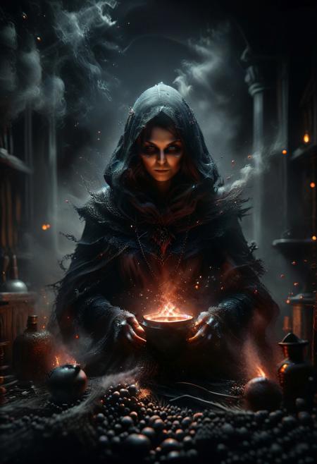woman, witch, medieval fantasy, cooking potion, glowing eyes, looking at potion, focus, smoke, alchemy, depth of field, high contrast, dramatic shadows, highly detailed, high contrast, dramatic shadows, film grain, low light