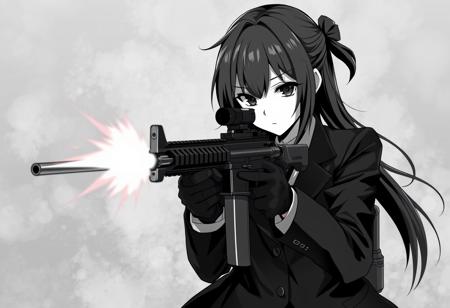 hyperrealistic black and white gritty in the real world photograph of a serious, not cutie, anime girl in a serious black suit holding and aiming an assault rifle, firing at enemy