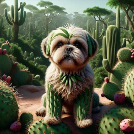 Shih Tzu,dog,jungle and desert, <lora:Prickly Pear Style v1:1>, Prickly Pear Style,