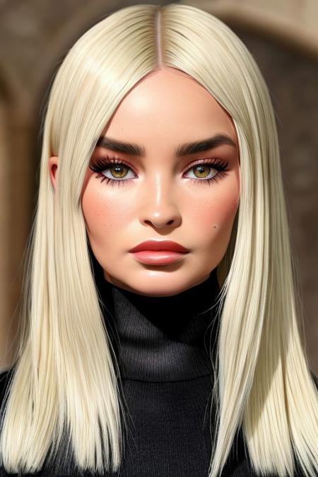 Picture, high quality, close up portrait, Koh_MadiEdwardsV2-140, wearing a black turtleneck dress, platinum blonde hair, shadows, summoning, ritualistic, grimdark, dreadful, intricate details, profane, arcane, pandemonium, perfect face, sharp focus, subsurface scattering