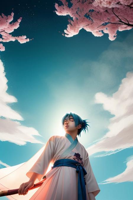 (anime masterpiece),(best quality),(ultra-detailed),(8k wallpaper), [1boy (18 years old) performing fan dance] wearing dynamic hanfu with glowing cloud patterns, (sparkling eyes with gradient cyan pupils), (blushing cheeks partially hidden by silk sleeve), (flowing short hair with azure highlights), [unfolded silk fan casting prismatic light beams], (particle effects: swirling cherry blossoms + glowing ink splashes), (dramatic perspective from low angle), (neon bamboo forest background with floating talisman papers), (Studio Ghibli-style color grading) --v 5.2 --style anime