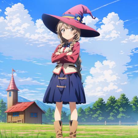 anime,anime screencap,
[grass, 1girl, boots, solo, outdoors, day, sky, hat, crossed arms, cloud, blue sky, looking at viewer, brown eyes, skirt, brown footwear, braid, smile, standing, building, full body, closed mouth, witch hat, house, wooden fence, bangs, brown hair, blush, object hug, long hair, cloudy sky:4]