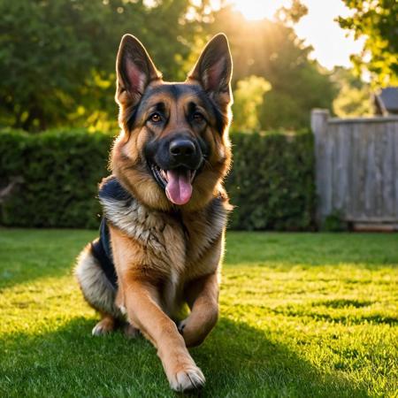 German shepherd dog, 
mid-tumble over a well-worn football, 
tongue lolling out in a wide grin, 
evening golden light casting elongated shadows, 
playful scene unfolding in a lush, 
green backyard, 
focus on gleeful expression, 
fur texture detailed, 
dynamic motion blur emphasizing playfulness, 
shallow depth of field with bokeh effect in background, 
sun flare, 
digital painting, 
vibrant color palette, 
high resolution.