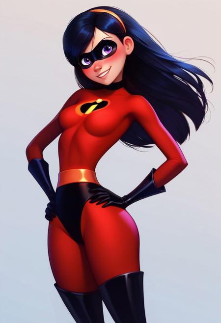 score_9, score_8_up, score_8, medium breasts, (curvy), cute, eyelashes,  
violetparr, mask, black hair, long hair, hairband, purple eyes, red bodysuit, black gloves, cowboy shot, hands on hips, looking at viewer, solo, simple background <lora:VioletParrXL:1> head tilt, curvy, smile, blush, medium breasts,
