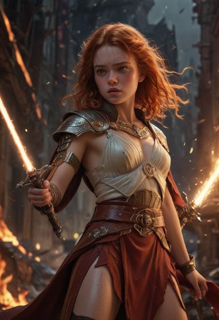 High resolution ultra-realistic of Beautiful Sadie Sink as Knightess Jedi, 8k, capturing the intensity of the moment, cinematic lighting, standing on a bloody and stormy battlefield in bloody battle, wavy red hair, realistic dirty pale face, realistic brown eyes, beautiful hourglass figure, burning in a Star Wars Town, intricately designed Jedi robes, red mini skirt, Star Wars Aesthetic, perfect athletic figure, beautiful Knightess Jedi, fire, ultra realistic, cinematic style, vigorous and seductive, athletic figure, Star Wars style, dramatic lighting, wet and sweaty skin, dirty skin, athletic figure, dark fantasy, dramatic lighting, Greg Rutkowski style,, Knightess Jedi on in Jedi dress, hyper-detailed, hyper-realistic, bright colours, Attractive 21 old years girl, Attractive, beautiful firm Breasts, sharp focus, digital painting, Photograph Taken on Nikon D750, Alphonse Mucha, 8K, athletic figure, Hyperdetailed, hyperrealism, Attractive, Attractive bust girl, asymmetric balance