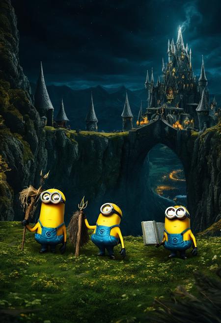 Minions in Middle-earth: recreate a remake of Lord of the Rings, but in a universe of minions cinematic lighting, macro photography, fine details, magical realism, beautifully lit