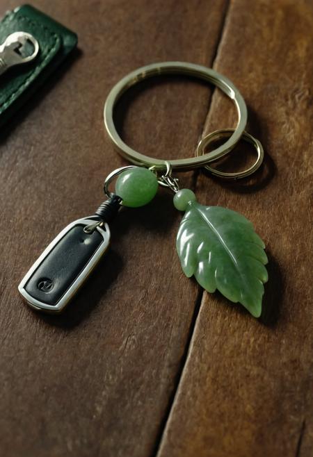 A jade keychain with a small polished green jade pendant shaped like a leaf, hanging from a rustic keyring on a wooden table, surrounded by car keys and a leather wallet, ultra-detailed, photorealistic, 4K resolution <lora:Obsidian_Jade_Style:0.8>