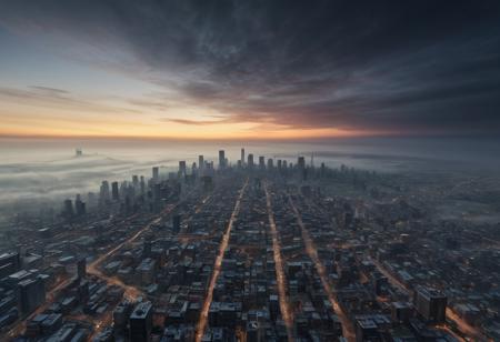 realistic, RAW photo, high quality, Stable_Yogis_PDXL_Positives, <lora:Big_Liminal:1.0> liminal, atmospheric, fog, sunrise, sunset, vanishing point of a huge <lora:Space_Worlds_Minis_2poetic:0.3> swminis2, made of , in ,  vast city with <lora:City_Worlds_01_v1_Roads:0.2> citybkg,foggy,aurora borealis, in <lora:Trippy_Reality_SDXL:0.5>, featuring
