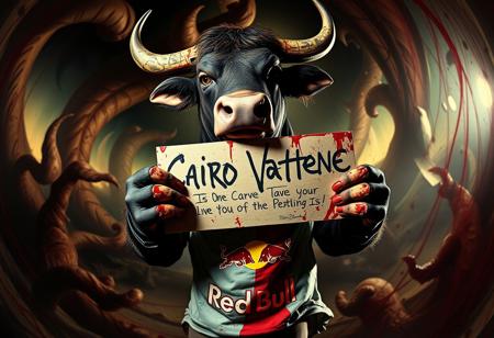 A darkly whimsical bull character, anthropomorphized with a sinister fairytale charm, stands at the center of a chaotic, surreal scene. Clutching a sign that reads “Cairo Vattene” in bold, jagged, handwritten text, the bull’s intense presence is exaggerated by the dramatic distortion of a Panavision Prime Cine Optics 12mm fisheye lens. Its furrowed brow and blood-splattered hands and face give it a menacing, Tarantino-inspired edge. The background swirls with surreal, twisted shapes in sharp, contrasting colors, streaked with blood splatters that amplify the gritty atmosphere. The bull wears a tattered shirt spray-painted with a bold Red Bull logo, its vibrant red contrasting against the gritty, chaotic energy of the scene. The tension between fairytale whimsy and graphic violence creates an arresting visual narrative.