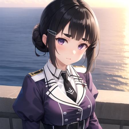 ((masterpiece)),(best quality),official art,extremely detailed CG,unity 8k wallpaper,ultra detailed,A lighthouse on a cliff by the sea,1girl,solo,upper body,(portrait:1.2),myoukou (kantai collection),medium breasts,blunt bangs,black hair,black skirt,hair bun,long sleeves,white pantyhose,pencil skirt,puffy long sleeves,puffy sleeves,thick eyebrows,military uniform,white gloves,eyebrows visible through hair,high heel boots,purple jacket,hair ornament,hairclip,black necktie,black belt,<lora:Myoukou(kan)>,