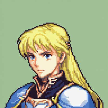 portrait of a fire emblem young princess with blonde hair and white eyes who is a suddenly thrust into the position of the land's ruler due to the king's assassination, she wears a soft lonely expression and behind her is a simple green background, <lora:GBA Style SDXL v3:1>