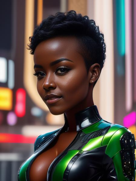 (masterpiece,best quality, ultra realistic, RAW photo), extreme closeup photo of young xlsanaa woman, green dress, dark skin, black frizzy undercut hair, shaved side of head, smiling,  looking at viewer, cyberpunk style background, realistic, sharp focus, 8 k high definition, insanely detailed, intricate, elegant, closed mouth  <lora:xlsanaa woman:1>