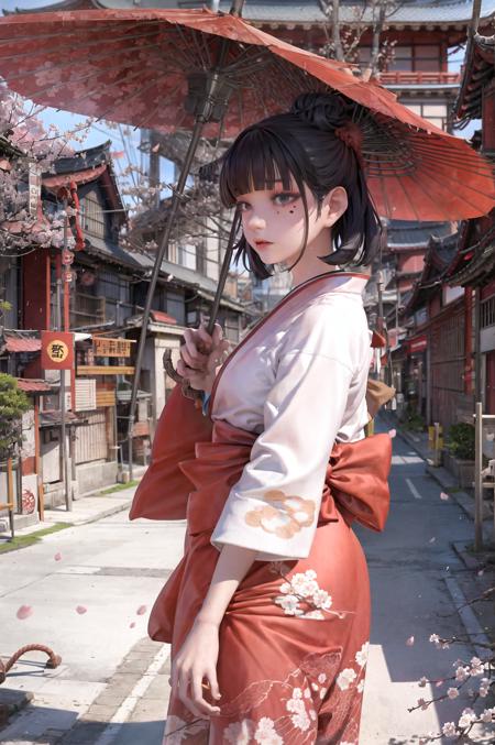 juanme, 1girl, architecture, bangs, black hair, blunt bangs, blurry, bridge, building, cherry blossoms, city, depth of field, double bun, east asian architecture, floral print, holding umbrella, japanese clothes, kimono, mole, oil-paper umbrella, outdoors, pagoda, rain, red kimono, red umbrella, short hair, solo, solo focus, umbrella <lora:juanmev1:0.6>