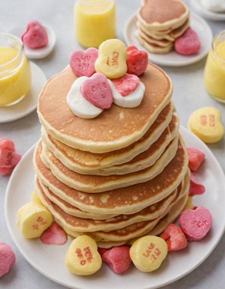 breakfast pancakes from candyhearts, text love you <lora:Candyhearts:0.8>