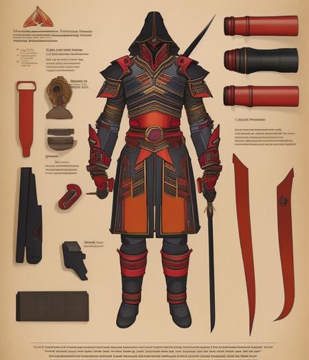 concept-art, Vector-art, CHV3CSamurai, Detailed schematics of a full page of a mechanical knolling layout, deconstruction showing a simple (cutaway:1.2) design for an ornate suit of samurai armor, Professional, masterpiece, commissioned