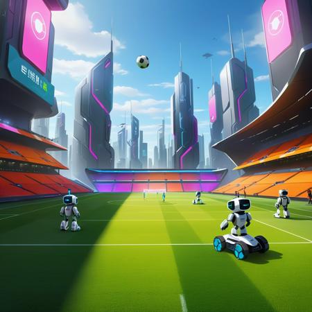 masterpiece,(cartoon style), <lora:CartoonStyle_Hap_XL:1.6>, A soccer match unfolds in a radiant, futuristic city, with robots and children actively engaging in the game, aerial drones capturing the action, neon-lit buildings towering in the backdrop, grass-like synthetic turf seamlessly integrated into the smart city infrastructure, reflective surfaces, dynamic angles from poised stadium cameras, holographic displays showcasing player stats, ambient light casting long shadows, high contrast with vivid colors, digital painting