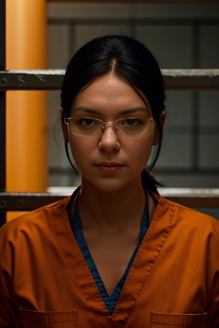 14ur4pr3p0n, glasses, black hair, wearing (orange prison scrubs:1.3), surrounded by prisoners, prison, vray render, ray tracing, subsurface scattering, by Josan Gonzalez and Liang Mark (upper body shot), (looking at viewer:1.3), (hyper realistic:1.3), (portrait:1.2), highly detailed eyes, (highly detailed skin:1.3), (freckles:0.6), pores, (4k), back lit, rim light, <lora:Laura_Prepon_PMv1_Lora:1.3>,