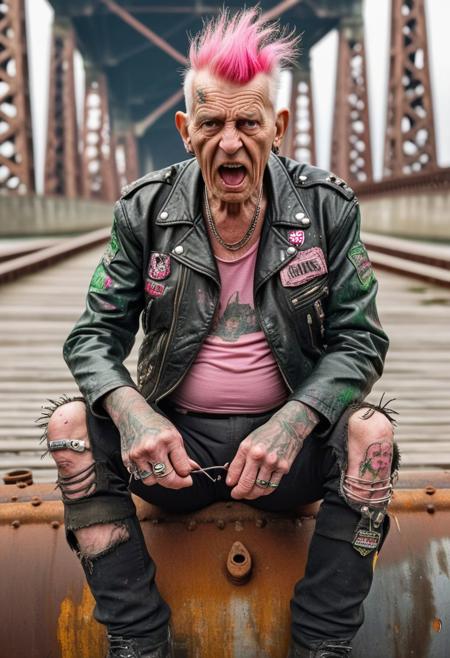 full body view  of a man 110 years old, punk style, 80s punk clothing,  wrinkled skin, green and pink hairline hair, wearing old black leather moto jacket with safety pins and badges, black torn tshirt, mean, threatening, rage, angry, double middle finger, fuck off attitude, sitting on a rusty metal barrel, empty beer bottles around him, under an abandoned bridge, post-apocalyptic