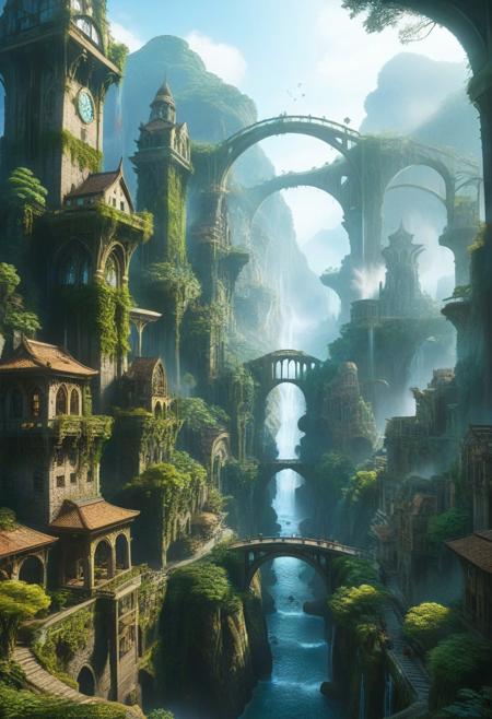 A grand, majestic, fantasy cityscape built along a mountainside with waterfalls and arch shaped bridges. Sprawling high fantasy city with multiple intricate towers, aqueducts, and flying bridges connecting distant districts of the city. The city is surrounded by lush greenery and deep forests on the mountainside.