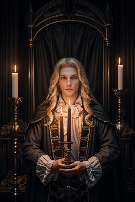 1man, portrait of alucardcastlevania wear court suit in bedroomgothic room, candle, looking at viewer, dim light, dark, ho...