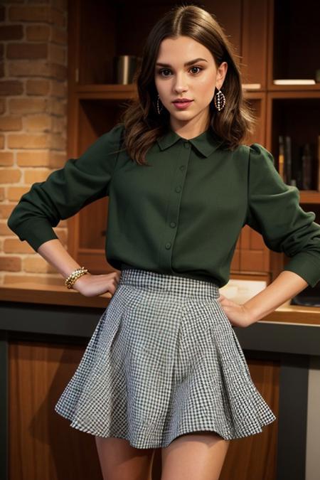PA7_Photo, [Victoria Justice:Lily Collins:0.9], detailed green eyes, detailed lips, detailed face, (8k, high quality, shot on Hasselblad X1D II Digital), hourglass figure, slim waist, (cleavage:1.2), large breasts, (sagging breasts:1.2), detailed fingers, (Gingham blouse, very short skirt with slit in front:1.2), earrings, princess neckline, nipple slip, bracelet, hand on hip, <lora:GoodHands-vanilla:1> nice hands, perfect hands, at the Tonight Show, <lora:epiCRealismHelper:0.99>, <lora:add_detail:1>