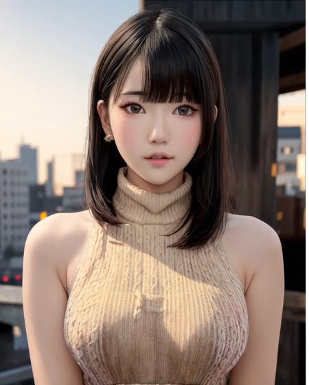 pureerosface_v1, best quality, photorealistic, 8k, high res, full color, 1girl, woman, 20 years old woman, (closed mouth:1.35), (skindentation), (portrait:0.6),  ((cityscape background:1.52)), full color, ((highnecksweater:1.68)), straight-looking at viewer:1.8, (1girl eyes looking at viewer:1.55), (medium-length hair, blackhair, partedbangs:1.45), (bokeh), <lora:CBAV-MOII:0.65>