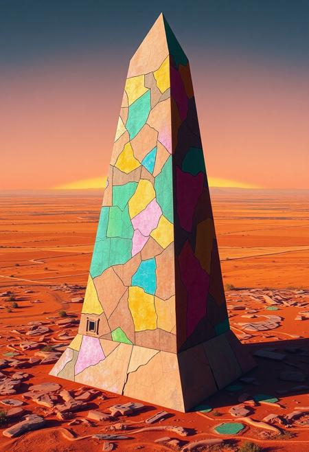 obelisk, savannah, vibrant oil pastel colors, sharp geometric obelisk structure, interlocking polygonal patterns on the surface, multichromatic hues reflecting in sunlight, angular base and pointed top, fragmented terrain around the obelisk, exaggerated scale, recursive shapes in the surroundings, infinite geometry in the landscape, intricate fractal structures in the stone, warm glowing light from the horizon, saturated earthy tones, deep oranges, reds, and yellows, stark natural lighting, sculptural and angular forms, intersecting planes of land and obelisk, fractured ground geometry, rigid stone structure, flowing yet sharp surfaces, primal aesthetic, dystopian vibe, high resolution, photorealism, (emphasis on sharp geometric obelisk forms:1.6), minimal organic details, unsettling, (blurry:-1.2), (ugly:-1.3), (polished:-1.3), (cartoonish:-1.1), (low quality:-1.2), (smooth surfaces:-1.4), (overly ornate:-1.5), (disjointed anatomy:-1.3), (noisy:-1.1), (bad composition:-1.3)