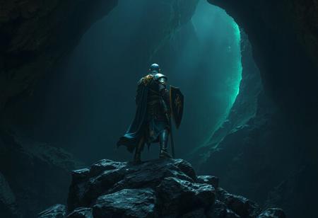 A lone knight, in detailed blue and gold armor, stands on a rocky outcrop in a dark cave-like setting. Wielding a sword and shield, the knight looks towards a hint of green light in the distance. The image features high-resolution, sharp lines, vibrant colors, and a dynamic action pose, giving a sense of ruggedness and mystery. The knight's intense gaze and the captivating lighting add to the image's vivid emotions and powerful message. This could be a frame from a fantasy video game, rendered with Octane Render or Unreal Engine 5, and could trend on art platforms like CGSociety or Artstation.