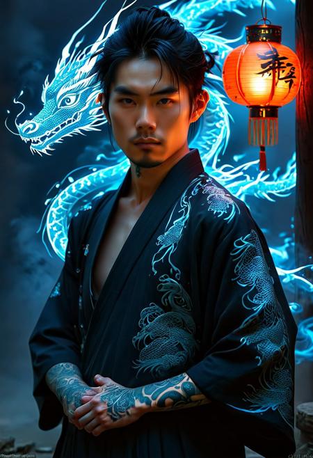 a young, handsome Asian man around 25 years old with strikingly beautiful features. He has pale, flawless skin with an ethereal glow under the dim ambient light. His face is adorned with a luminous dragon tattoo, intricately detailed, which stretches from his temple down to his cheek, glowing with a vivid blue light. His eyes are deep and captivating, reflecting the soft light around him. He wears a traditional Japanese kimono in deep black with subtle patterns embroidered in silver threads that shimmer subtly in the low light. The kimono is elegantly draped over his shoulders, slightly open at the chest, revealing more of the glowing tattoos that cover his arms and neck. These tattoos feature traditional Japanese elements, such as dragons and swirling clouds, all glowing in the same vivid blue, creating a mystical aura around him. His hair is sleek and jet black, pulled back into a neat, traditional bun, with a few loose strands framing his face. The setting is a dimly lit room with a traditional Japanese aesthetic. In the background, there are hints of shoji screens, soft lantern light, and shadows that add depth to the scene. The overall mood is mysterious and slightly otherworldly, emphasizing the glow of the tattoos against the dark, elegant attire. The composition should capture his upper body and part of the environment, providing enough detail in the surroundings while keeping the focus on the man and his luminous tattoos.