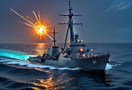 In the vast expanse of the Atlantic Ocean, the USS Liberty, a mighty warship with a steel-gray hull and a towering radar mast, slices through the waves like a predator. The stars and stripes flutter boldly at its stern, illuminated by the fiery glow of a setting sun. Onboard, sailors move with purpose, their silhouettes framed by the glint of polished deck cannons and sleek missile launchers. The ship’s radar sweeps the horizon, scanning for unseen threats, as the captain, steady and resolute, watches the ocean’s endless horizon, where history and duty converge.