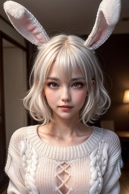 one girl,solo, (a beautiful and delicate girl:1.3), (parted lips:1.3), break, ((wearing White fluffy sweater and put on rabbit ears:1.4)), bare-legged, break, Very fine grain definition, (Symmetrical eyes:1.3),(glowing eyes),blush, break, (thigh gap),(droopy eyes),natural makeup , long eyelashes, break, Small breasts, pink eyes, Parted bangs, ((fluffy curly hair, platinum hair:1.3)), break, (Eyes and facial details:1.0), little smile,  break, (masterpiece, highest quality, Super detailed, Detailed face, 8k)
