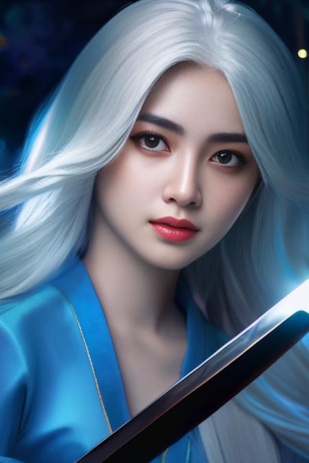 (masterpiece,best quality:1.5), vietnam woman with white hair, straight hair, blue clothes, holding a sword, in the style of dark azure and light azure, mixes realistic and fantastical elements, vibrant manga, uhd image, glassy translucence, vibrant illustrations, ultra realistic, long hair, straight hair, portrait, mysterious forest, firefly, bokeh, mysterious, night, sky, cloud, eyes detail, beautiful eyes, light in eyes, upper body