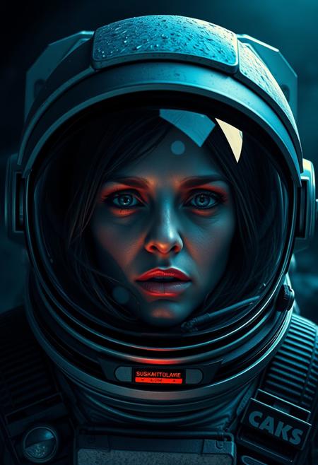 an astronaut is looking through her helmet with a horrifying face after a creature is after her. The scene depicts an alien planet with darkness and dampness, very realistic, Highest-Quality, 4k, intricate details, visually stunning, Masterpiece