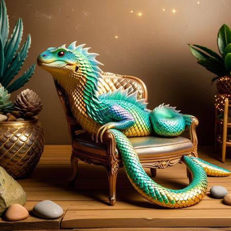 p1nk1r1sc4l3s, antro snake Santa, clothes made out of iridescent scales, desert rock workshop, lizard elves in the background, sitting on a wooden chair, hyperrealism, bokeh, UHD, shot on canon P900