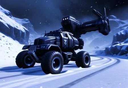 a darkwalker vehicle from Unreal Tournament 3, on a map avalanche from Unreal Tournament 3, snowing, realistic, dark