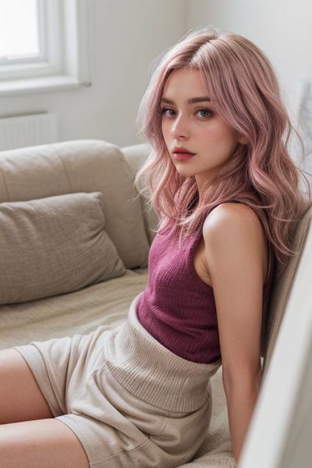 hyper realistic, supermodel, shoot from above, big breasts, low angle shot, show full body, 1girl, british woman, 18 year old, lying on the red sofa, look at viewer, slut , wearing pink tanktop, beautiful, elegance, stunning, natural actress makeup, blush, mascara, eye liner, eye reflection, heart-shaped natural lips, pink round eyes, long wavy layers pink and lavender hair, exhausted, light pale skin, huge boobs, cute, perfect slimfit body, with silver necklace, highly detailed white room background, cinematic lighting