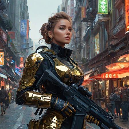 Take a deep breath and let's work step by step on this , consistency,FIBONACCI WATERMARK INVISIBLY DISPLAYED,
soldier with a machine gun, elspeth knight errant, gold color scheme, , female lucio, void vortex, hi - tech luciferian synthetic, synthetic maw, the blacksmits  , solis sacerdotibus, arcadia, old charismatic mechanic aloy, blade runner, spiked hair, futuristic ominaton, cyberpunk bleak neon cityscapes by gaston bussiere, annie liebovitz, greg rutkowski, yoji shinkawa, yoshitaka amano, tsutomu niehi, moebius, donato giancola, geoffroy thoorens, concept art, trending on artstation, featured on pixiv, cinematic composition, 8 k
 ,High-res, impeccable composition, lifelike details, perfect proportions, stunning colors, captivating lighting, interesting subjects, creative angle, attractive background, well-timed moment, intentional focus, balanced editing, harmonious colors, contemporary aesthetics, handcrafted with precision, vivid emotions, joyful impact, exceptional quality, powerful message, in Raphael style, unreal engine 5,octane render,isometric,beautiful detailed eyes,super detailed face and eyes and clothes,More Detail, multi colored, splash ink illustration,Grammer effect style,Houdini style,sharp lines and brush strokes,high quality,Beautiful matte painting, 4K,CGSociety,artstation trending on ArtstationHQ,highres, (masterpiece