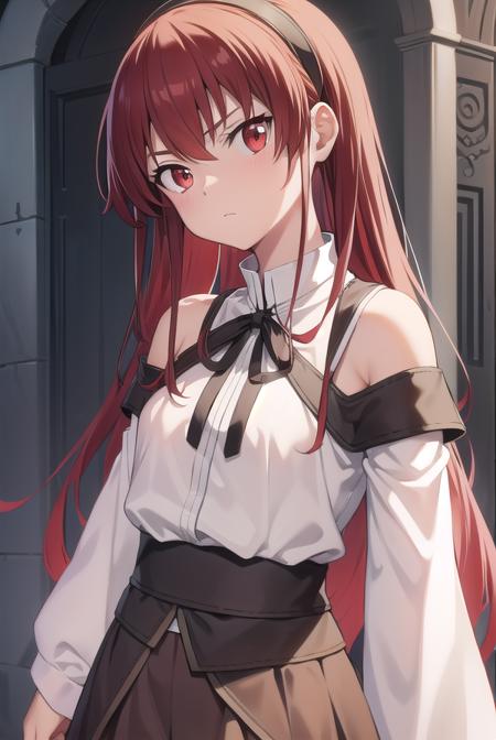 erisgreyrat, <lora:eristest:1>, 
eris greyrat, ahoge, hair between eyes, long hair, (red eyes:1.5), red hair, sidelocks, (small breast:1.2),
BREAK black hairband, black ribbon, brown skirt, hairband, long sleeves, neck ribbon, pantyhose, ribbon, shirt, shoulder cutout, skirt, white pantyhose, white shirt, wide sleeves,
BREAK looking at viewer,
BREAK outdoors, city,
BREAK <lora:GoodHands-vanilla:1>, (masterpiece:1.2), best quality, high resolution, unity 8k wallpaper, (illustration:0.8), (beautiful detailed eyes:1.6), extremely detailed face, perfect lighting, extremely detailed CG, (perfect hands, perfect anatomy),