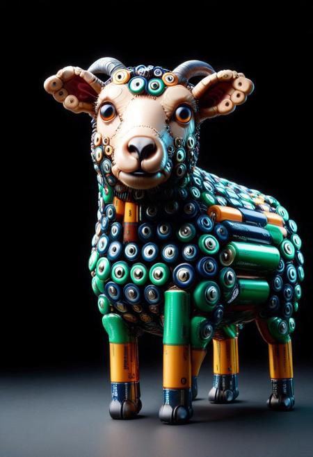 masterpiece, best quality, very aesthetic, absurdres,(score_9, score_8_up, score_7_up), createconcept, addmicrodetails, B4TT3R13S, simple background, a (sheep) made of batteries, glowing eyes, vivid eye color, (beautiful eyes:1.2), (gradient iris, crisp iris edges), confident pose, action dynamic pose, lazypos