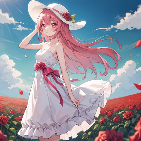 ((best quality)), (masterpiece:1.2),(delicate and beautiful girl), illustration, 1girl,pink hair,long hair,collarbone,bare shoulders,strapless, flower, solo, dress, holding, wind, sky, cloud, hat, outdoors, bangs, bouquet, rose, expressionless, blush, flower field, red flower, pink eyes, white dress, looking at viewer, midium hair, adjusting hair, red rose, sun hat, white headwear, standing,((cowboy shot)),[from side],full body